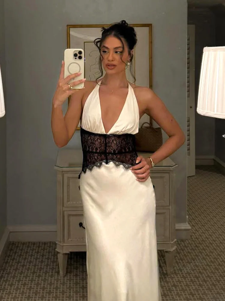 

Элегантное шелковое атласное платье макси с глубоким V-образным вырезом, летнее, новинка, сексуальное, с поясом, подчеркивающее талию, с завышенной талией