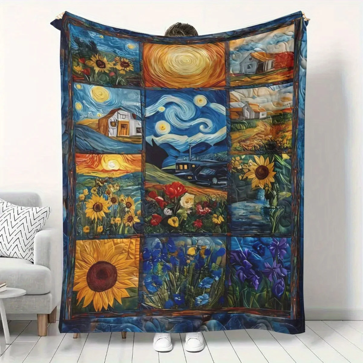 

Флисовое одеяло «Звездная ночь» Ван Гога и подсолнух. Теплое и удобное одеяло. Теплое и мягкое плюшевое одеяло. Офисное одеяло для сна.