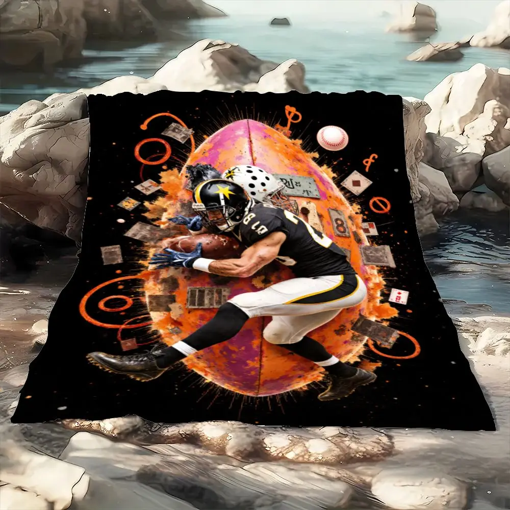 Dynamic American Football Player in Action Blanket - Artistic Black and Yellow Pittsburgh Steelers Design, Featuring Vibrant Foo
