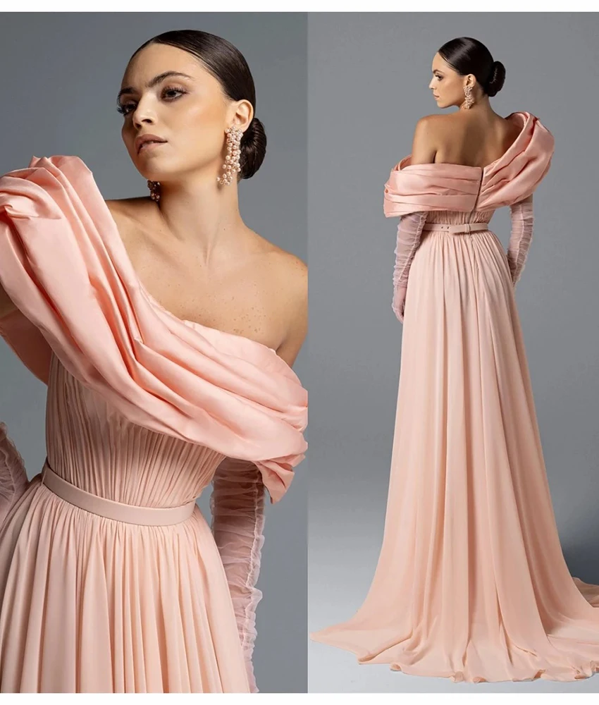 تخصيص رشيقة الشيفون ألف خط قبالة الكتف المتدرج حزام مساء اللباس حساسة طويلة الأكمام الطابق طول فساتين لحضور الحفلات الموسيقية