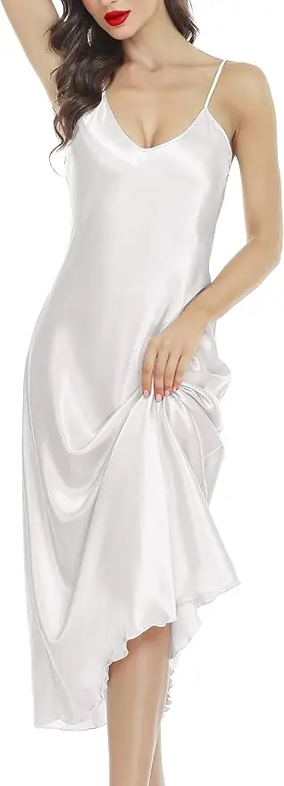 Camisón de Mujer con Tirantes Finos y Cuello en V, Elegante, Lujoso, Cómodo, Transpirable, Ropa de Dormir Relajante, Estilo Clásico para el Día a Día