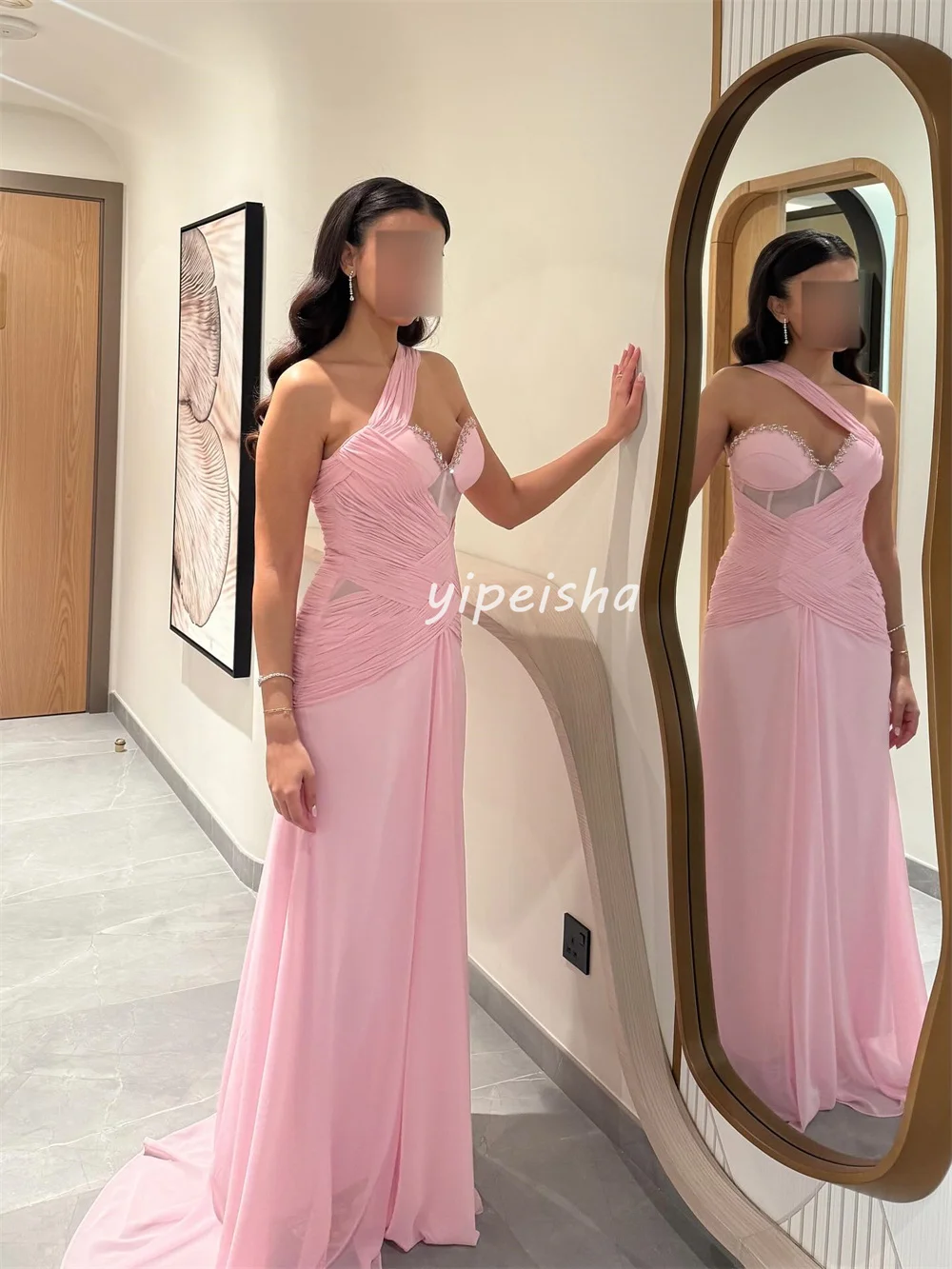 Maßgeschneiderte Retro Pastrol Chiffon Falten drapierte Strass Meerjungfrau One-Shoulder lange Kleider maßgeschneiderte Anlasskleider elegant sexy – Detail 3