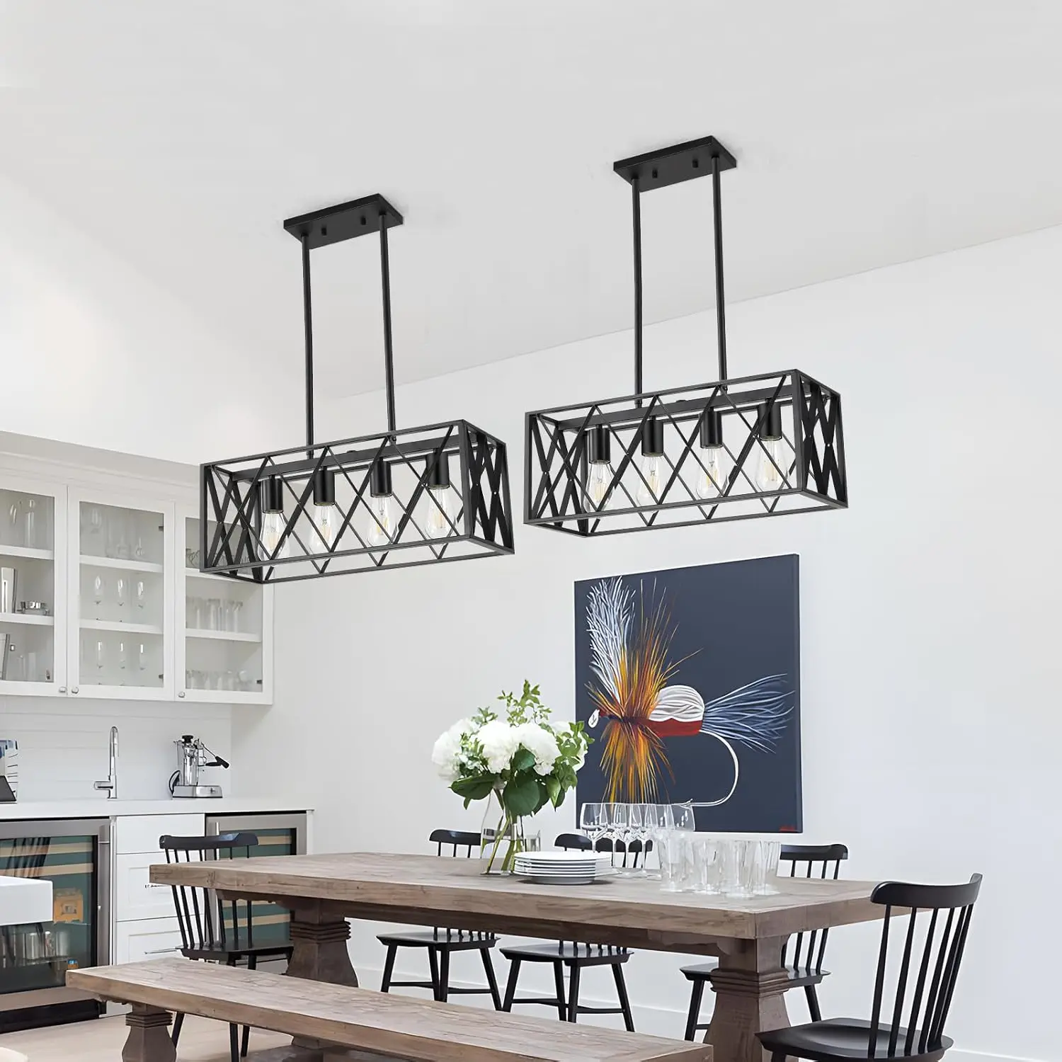 4-Light Black Modern Chandelier - Open Pendant Lighting for Kitchen Island & Dining Room Ceiling Over Table