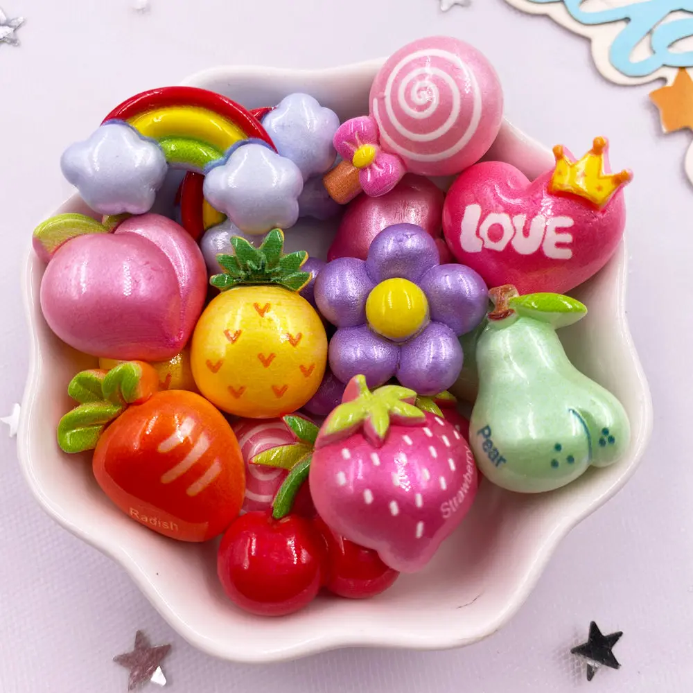 10pcs Colorful Resin Rainbow Love Lollipop Flower Fruit Vegetable Fruit Figurines Flat back Scrapbook DIY Jewellery Decor Crafts