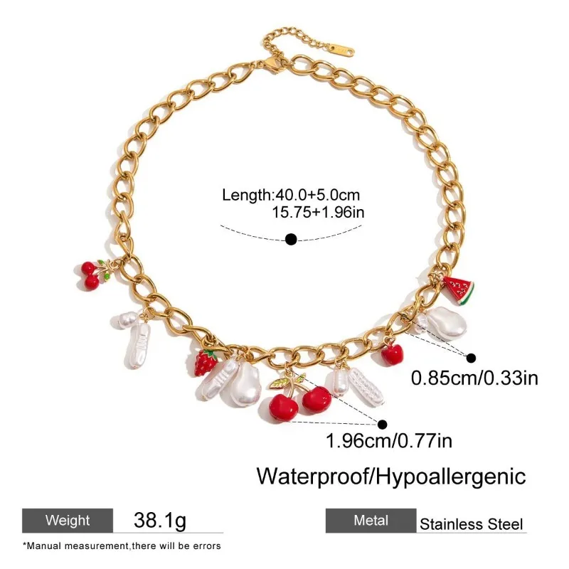 Minar Cute Multicolor Enamel Fruit Pendant Necklace for Women 18K Gold PVD Plated Stainless Steel Beads Chain Waterproof Chokers