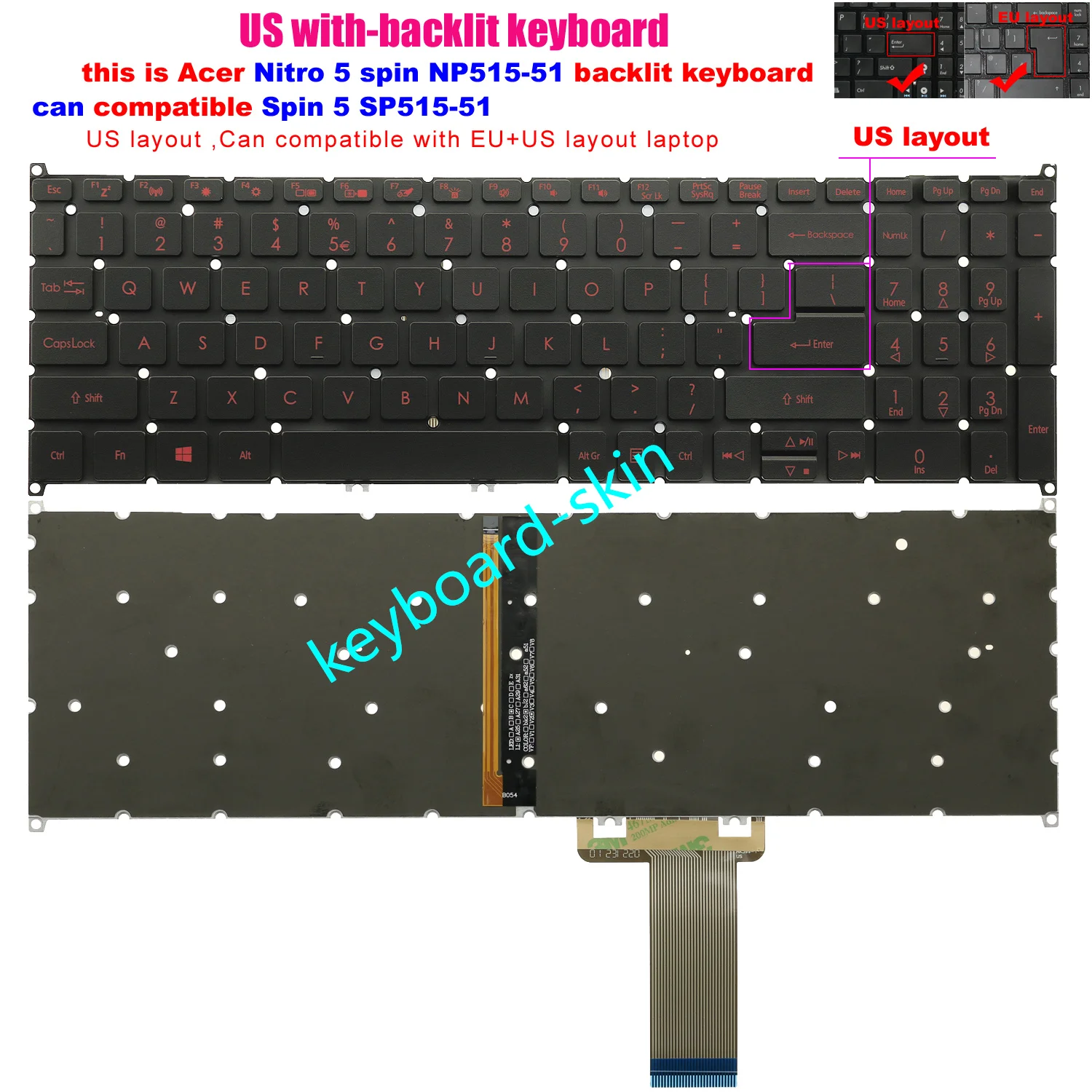 New US Backlit no-Palmrest /C shell Keyboard For Acer Nitro 5 spin NP515-51 N17W1 NP515-51-80X,Spin 5 SP515-51N laptop