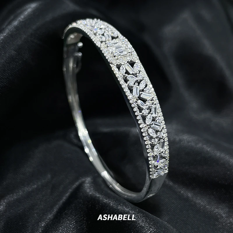 

Fine Jewelry 925 Silver Full Iced Out Hollow Lace 5A Zircon CZ Bangle Adjustable Bracelet Bling Bling Women Jewelry