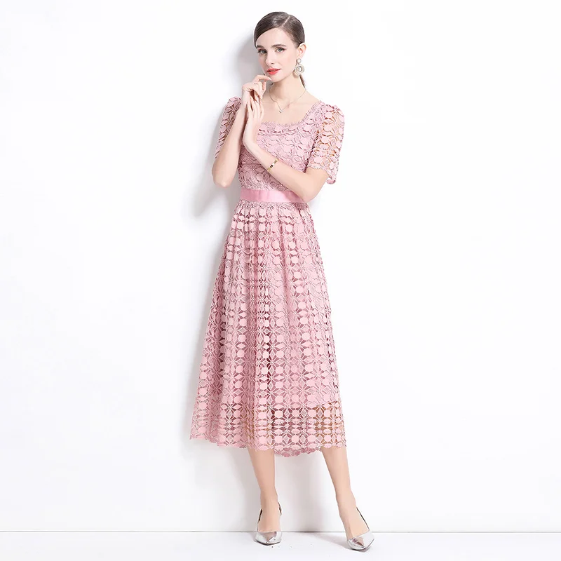 Vestido Midi e de encaje Soluble, diseño Original, falda acampanada adeazante, tejido de poliéster, manga corta