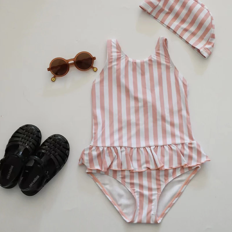 Summer Bikini Girls Swim Wear One Piece Backless Sling Quick Drying Ruffle Dresses Swimsuit Print Swimwear Children Bathing Suit