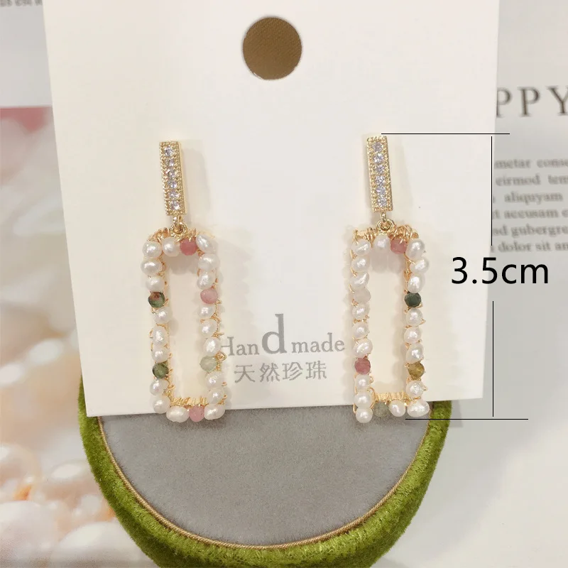 SHDIYAYUN Pearl Earrings Natural Freshwater Pearl Jewelry Tourmaline Rectangle 14K Gold-plated Wire Winding Manual For Women