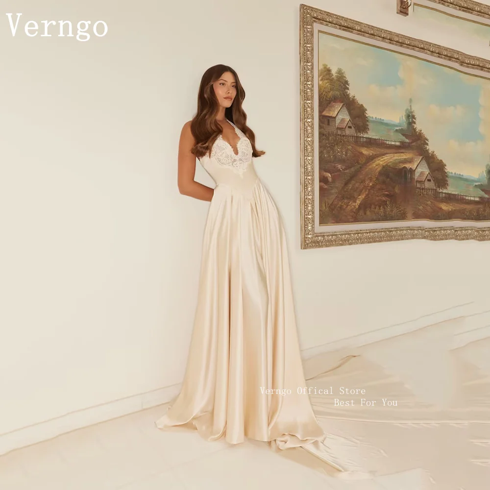 

Verngo lvory Satin A Line Weddng Dress Halter Lace Maxi Bridal Gowns Elegant Modern Bride Dresses 2027 Customized