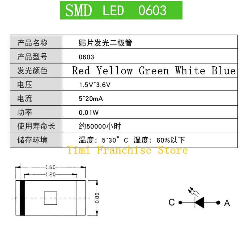 Diodo emisor de luz LED transparente, Kit de diodo de luz LED 0603 SMD, rojo, amarillo, verde, blanco y azul, color 20 piezas x5 = 100 Uds.