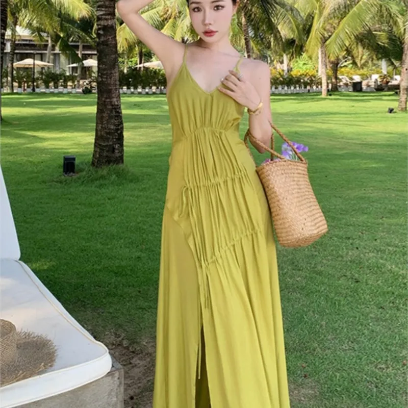 Seaside Holiday Travel Beach Temperament Long Dress Backless Slit Beautiful Strap for Women Summer