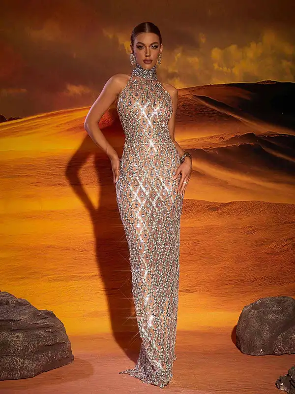 Liora Sequin Crystal Maxi Dress In Light Nude Luxury Diamond Women Birthday Party Outfit