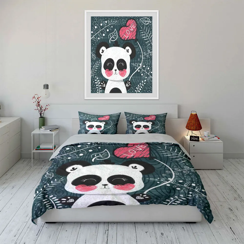 Cute panda with heart balloon Print Soft Comfortable Duvet Cover Bedding Set Included 1*Duvet Cover  2*Pillowcases