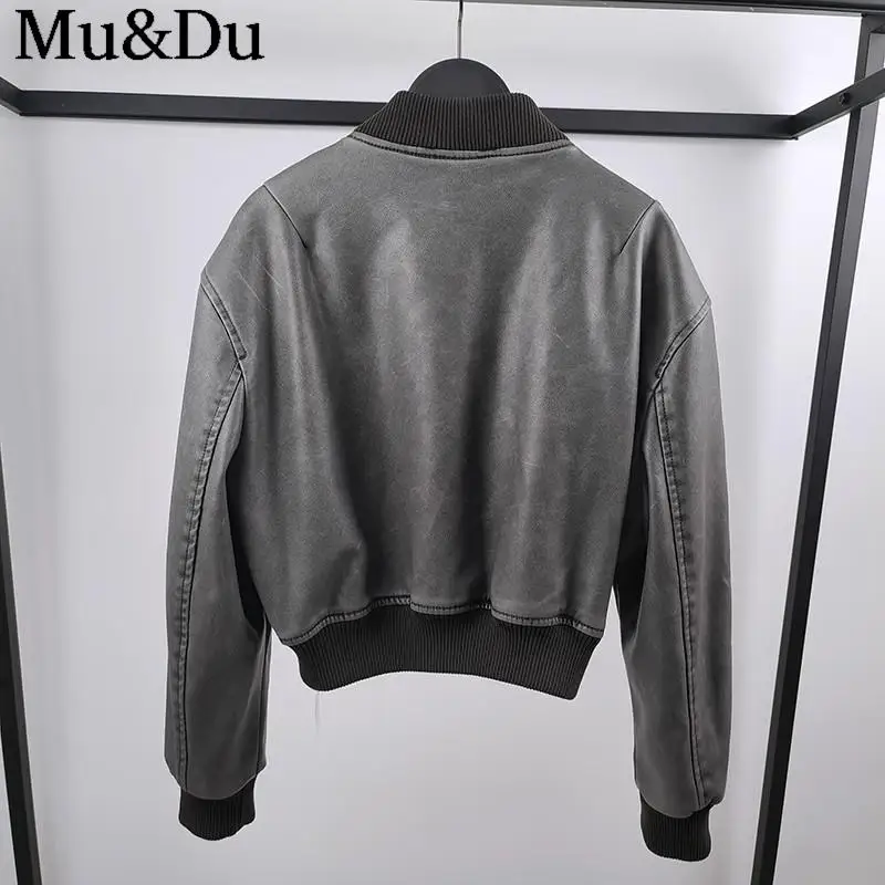 Mu&Du 2023 Autumn Vintage Distress Faux Leather Zip Pocket Crop Bomber Jacket Female Pu Street Short Baseball Coats Outwear Chic