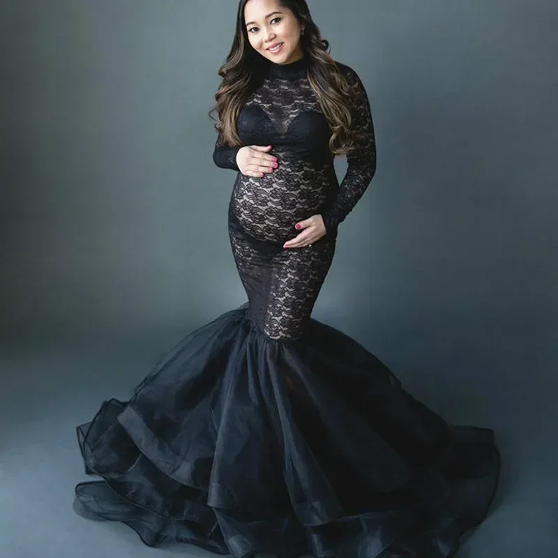 

Black Lace Maternity Dress for Photo Shoot Pregnant Women Long Sleeve Splicing Turtleneck Photography Dresses Pregnancy Dress