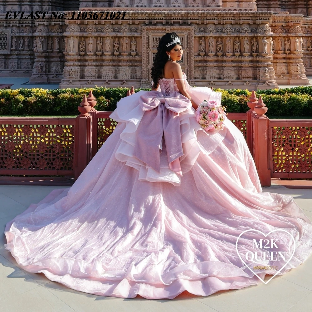 EVLAST Maßgeschneidertes rosa abgestuftes Quinceanera-Kleid, Ballkleid, Blumenapplikation, Perlenstickerei, Schleife, Korsett, Sweet 16, Vestidos de 15 Anos SQ758