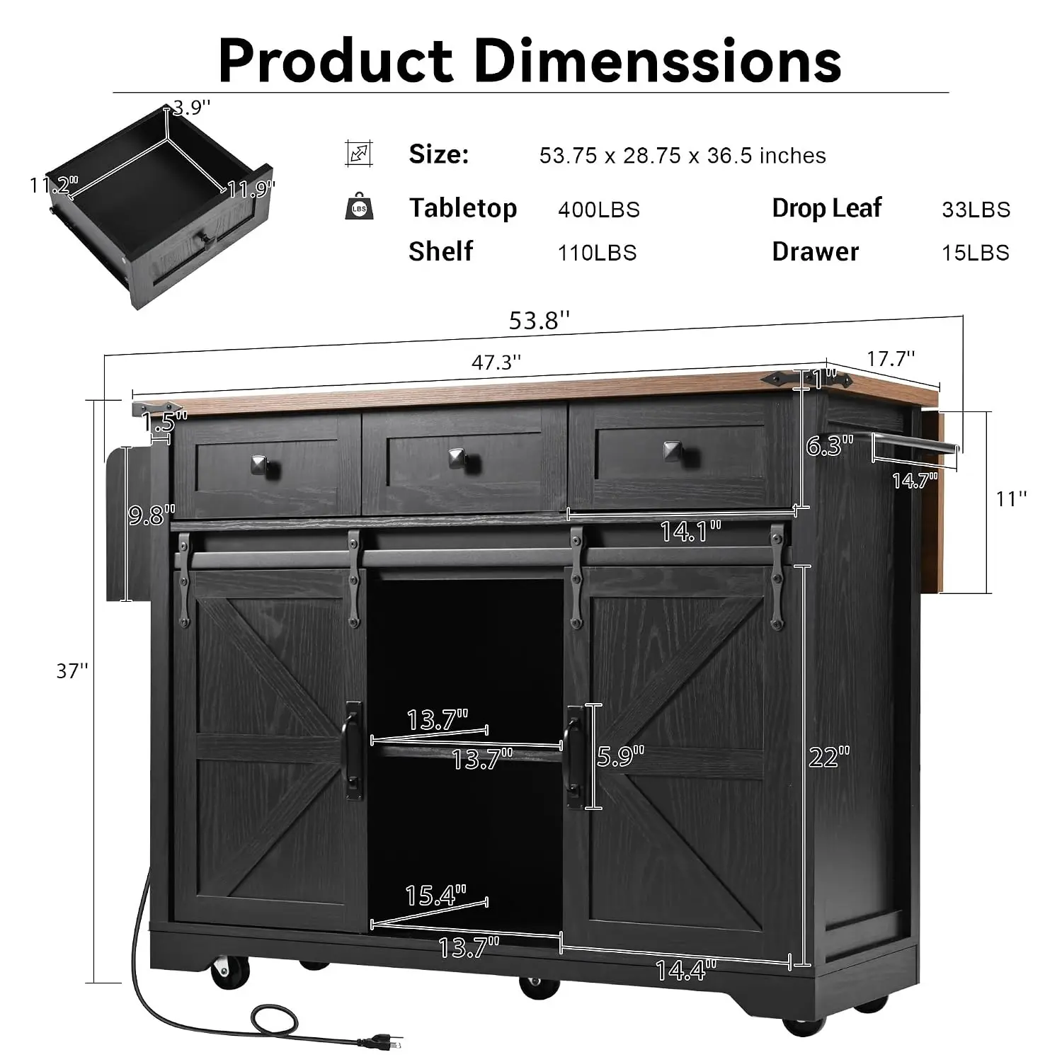 Rustic Kitchen Island Sliding Barn Doors Drop Leaf Power Outlet Spice Rack Mobile Rolling 53.7
