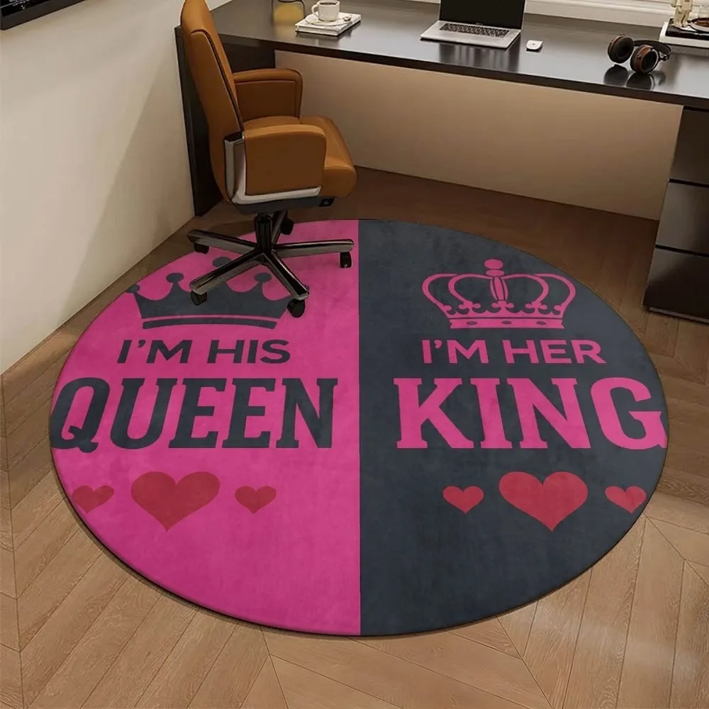 Royal Couple Crown Round Area Rug, King and Queen Pattern Non-Slip Floor Mat, Decorative Carpet for Bedroom Living Room Home