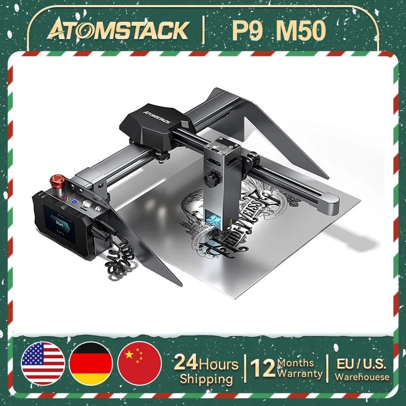 Лазерный гравер ATOMSTACK P9 M50 50 Вт, настольный гравировальный станок 250*220 мм с фиксированным фокусом, гравировка с ЧПУ, металл, дерево, акрил, нержавеющая сталь