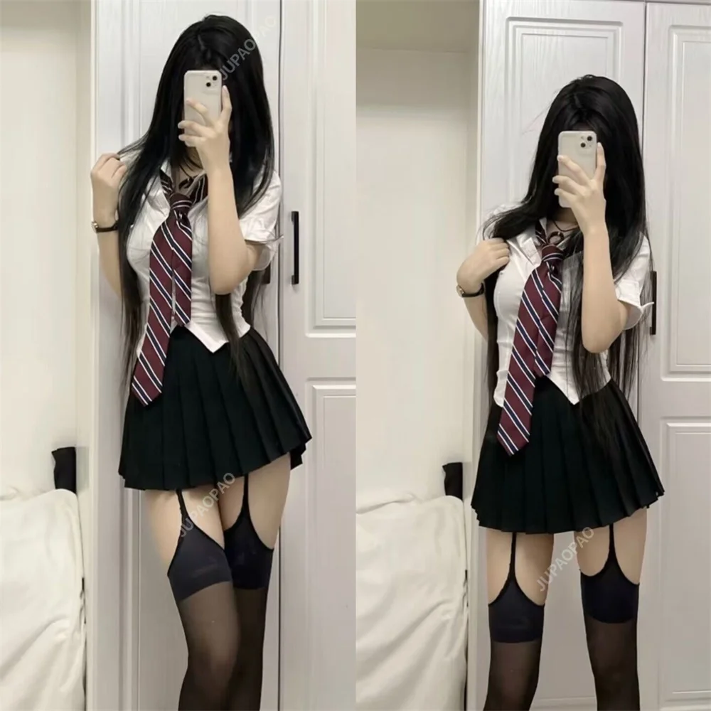 JK Uniform Harajuku Unique Short Sleeve Shirt Women's Japanese Academy Style Set Student Casual Pleated Skirt Three Piece Set