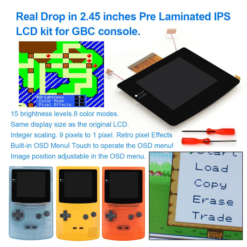 2.45 Inches GBC All-in-one Laminated IPS LCD Screen Kits HD Backlight display With Shell Housing For Gameboy Color Console