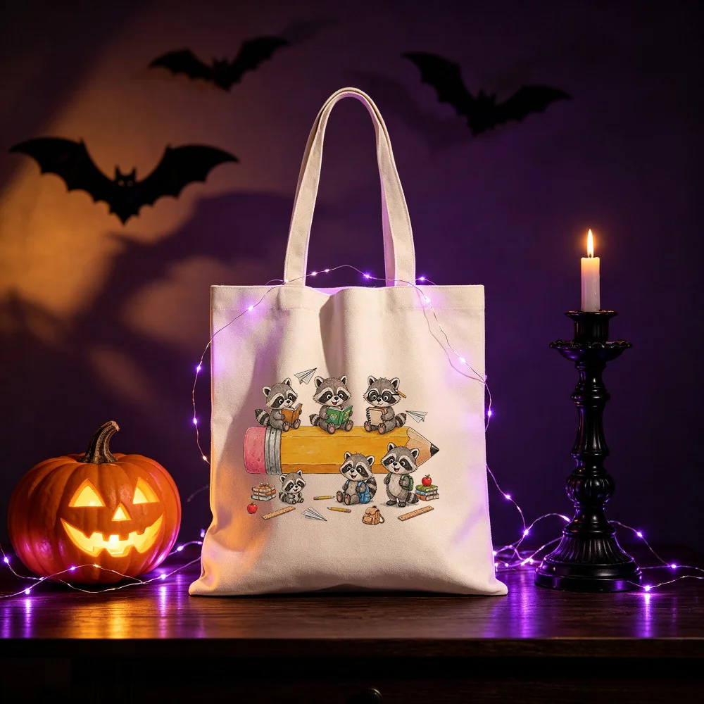 Candy Raccoon Halloween Canvas Tote Bag, Funny Western Trick Or Treat Shoulder Bag, Spooky Season Shopping Handbag Gift.