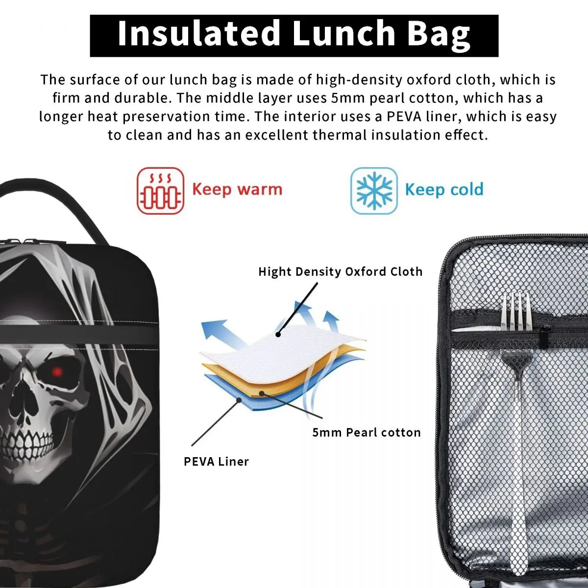 A Creepy Halloween Skeleton Skull Insulated Lunch Bag for Women Kids Portable Food Boxes Thermal Lunch Box Tote