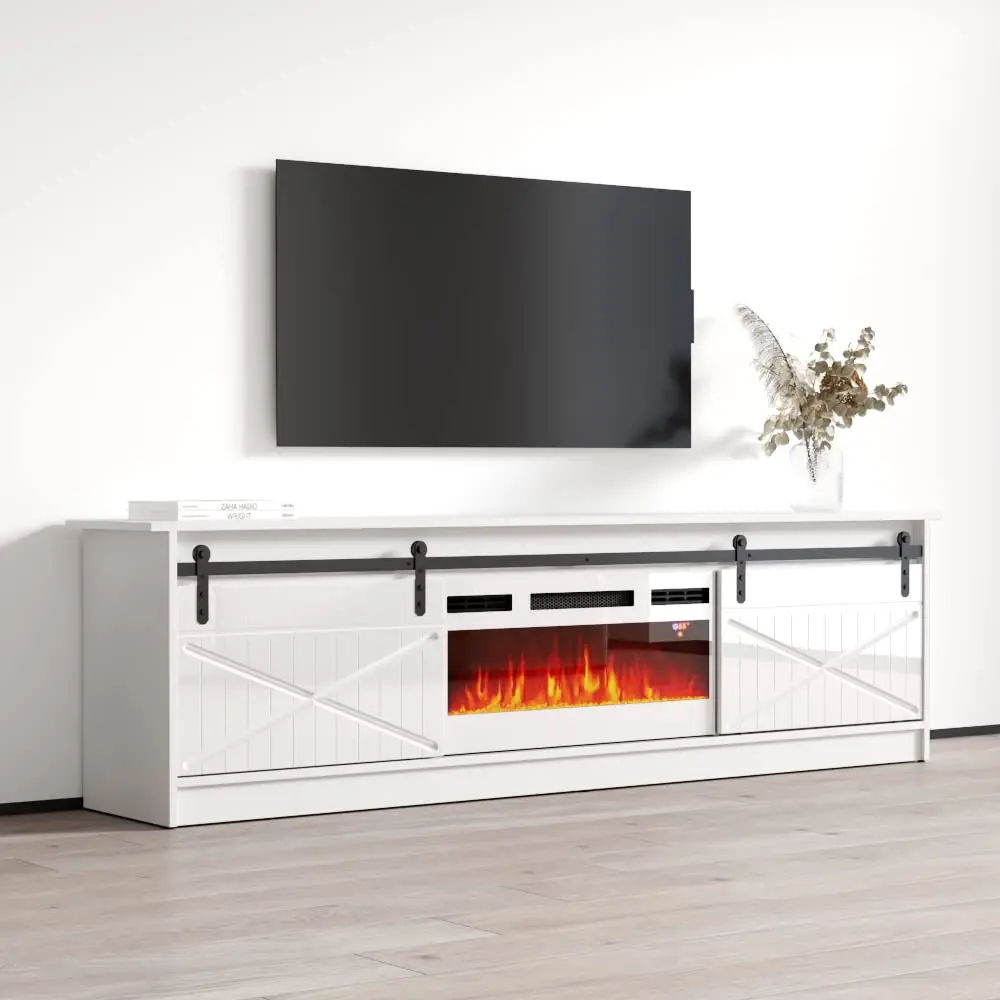 Electric Fireplace TV Stand Modern High Gloss Storage Cabinet Fits 90 Inch TV 79x18x26 Inch White, Customized