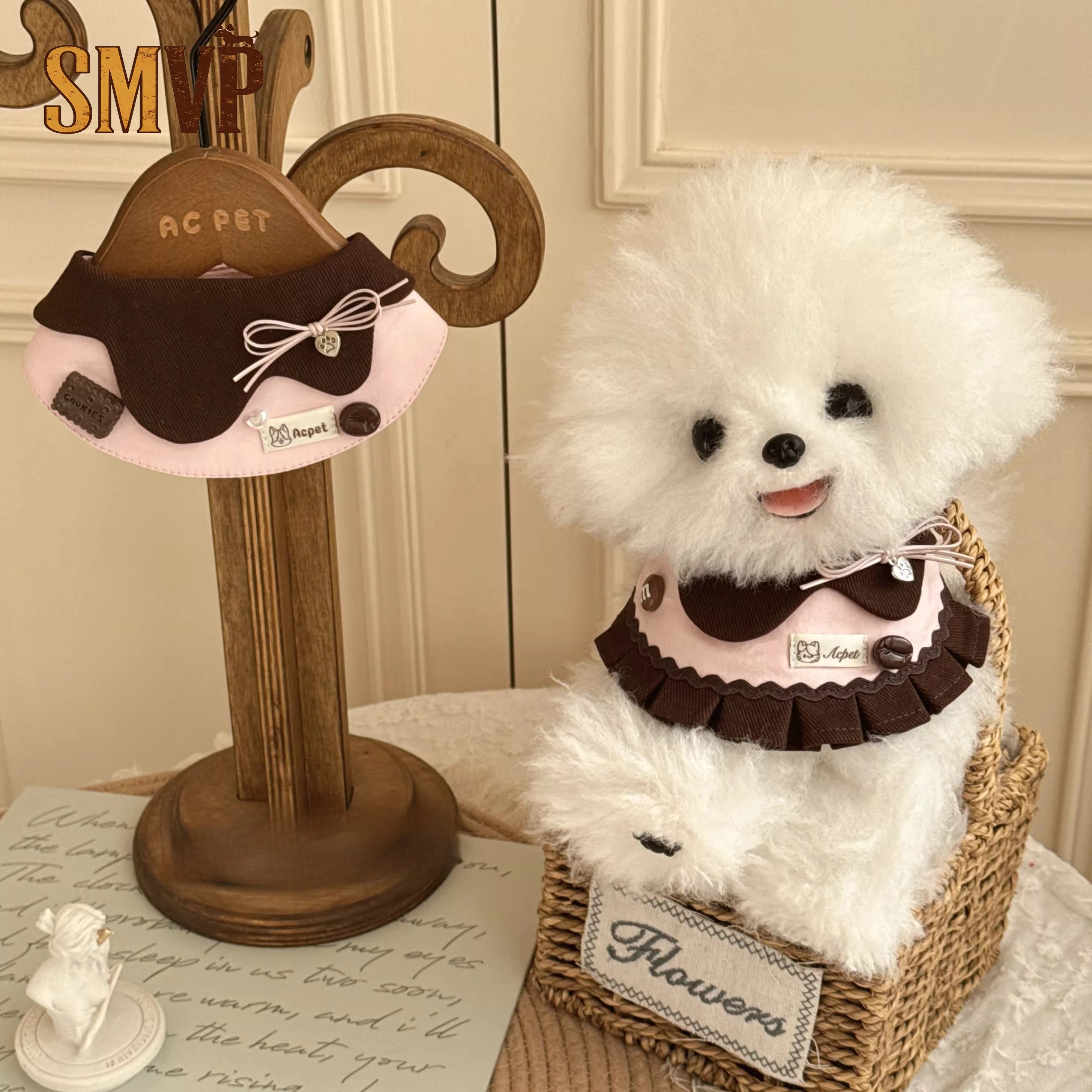 Original Design Corduroy Patchwork Cotton Fabric Peach Color Bow Decoration Sweet and Cute Pet Kitten Puppy Bib