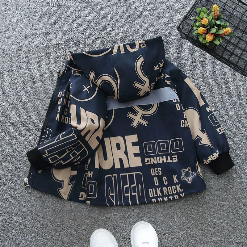 

Boys' Full-Print Letter Hooded Jackets, Trendy Style, Spring/Autumn, Ages 3-10 Years