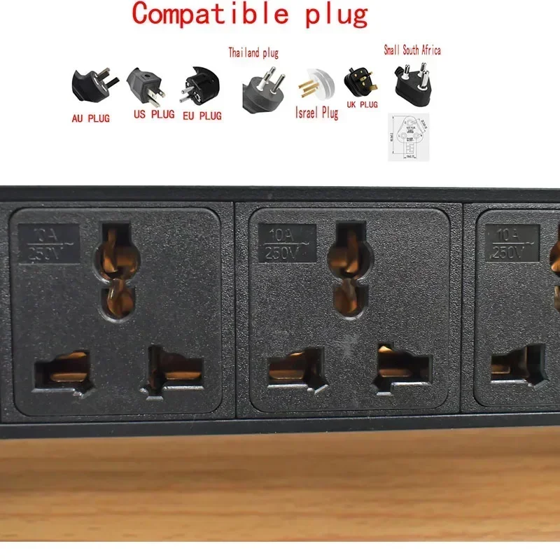 Portable desktop PDU Power Strip  power board Aluminum Box 1-9AC 10A universal socket output With ammeter USB charging 2/3M line