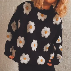Little Daisy O-neck Sweater Women Jacquard Autumn Winter Simple Pullover Knit Elastic Jumper Casual Thick Loose Warm Y2k Jumpers