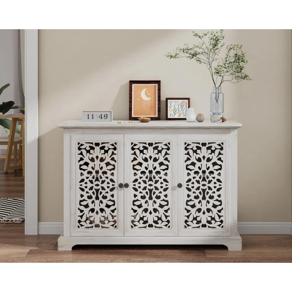 44 خزانة بوفيه جانبية، تخزين لهجة المزرعة مع 3 أبواب منحوتة مجوفة لغرفة المعيشة/الطعام، مطبخ عتيق مع