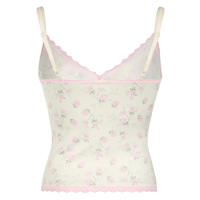 CIBBAR Cute Floral Print Camis Sweet Lace Stitching senza maniche Slim-fitting Cropped Top Y2k estetica Ladies Summer Kawaii Tees