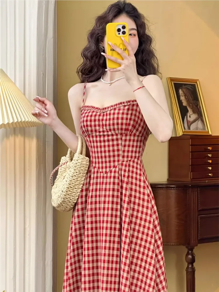 Elegant Plaid Midi Dress Women French Vintage Spaghetti Strap A-line Spring Summer Holiday Beach Style Prom Robe Vestidos Mujer