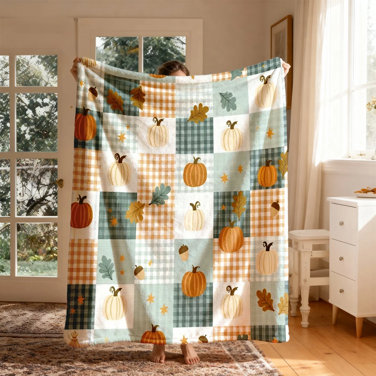 Coperta in flanella con motivo a tema autunnale: zucca a scacchi, ghianda e foglie d’autunno, stampa 2D, 1 pezzo. Morbida, leggera e calda, adatta a tutte le stagioni, perfetta per divani, uffici,
