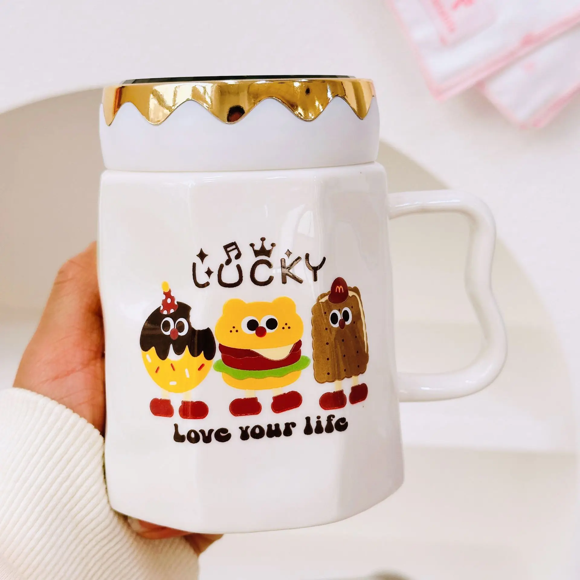 Cute Baking Mirror Cup With Lid Female Ceramic Birthday Gift Home Makeup Handheld Set