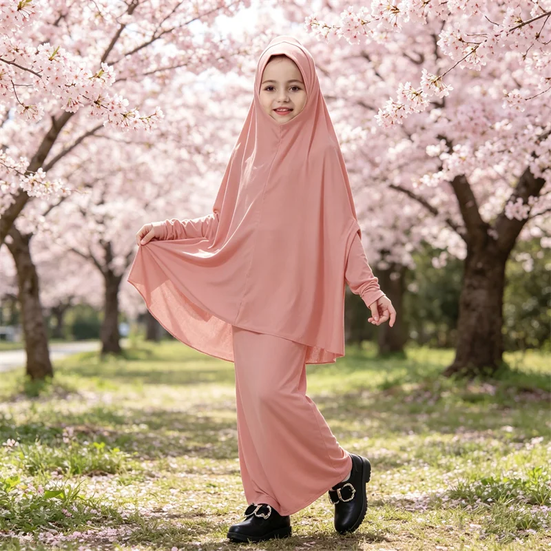 Vestido de Oração para Meninas Muçulmanas com Hijab, Conjunto Abaya, Robe Longo Árabe, Khimar, Caftan, Vestido Islâmico, 2 Peças Abayas para o Ramadan