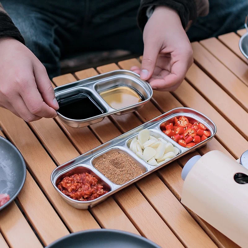 Outdoor Camping Korean Style 304 Stainless Steel Barbecue Dipping Dish, Multi Grid Thick Seasoning Dish, Divided Grid Sauce Dish