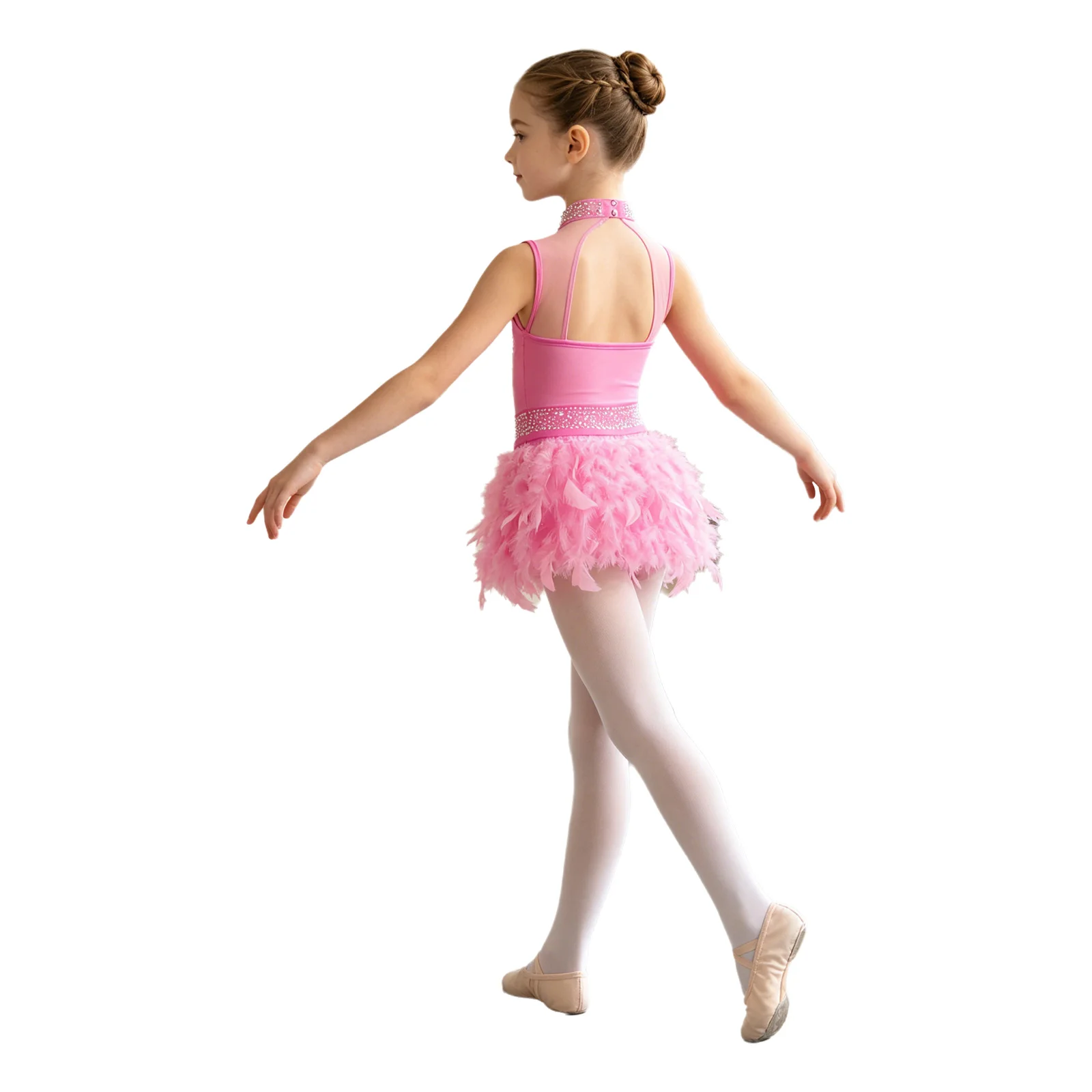 Kids Girls Shiny Rhinestones Color Block Leotard Jazz Latin Dance Performance Costume Gymnastics Leotard with Feather Skirt