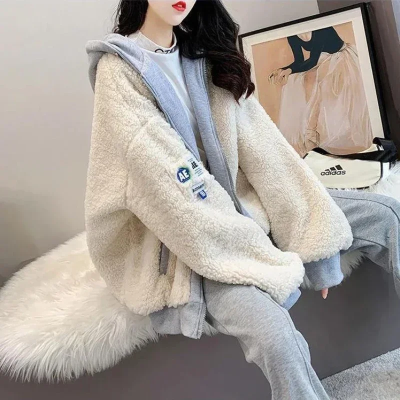 Imitation Lamb Wool Zipper Coat Women Hoodies Fashion Autumn Winter Loose Sweatshirts Streetwear Female Warm Jacket Y2K Clothes