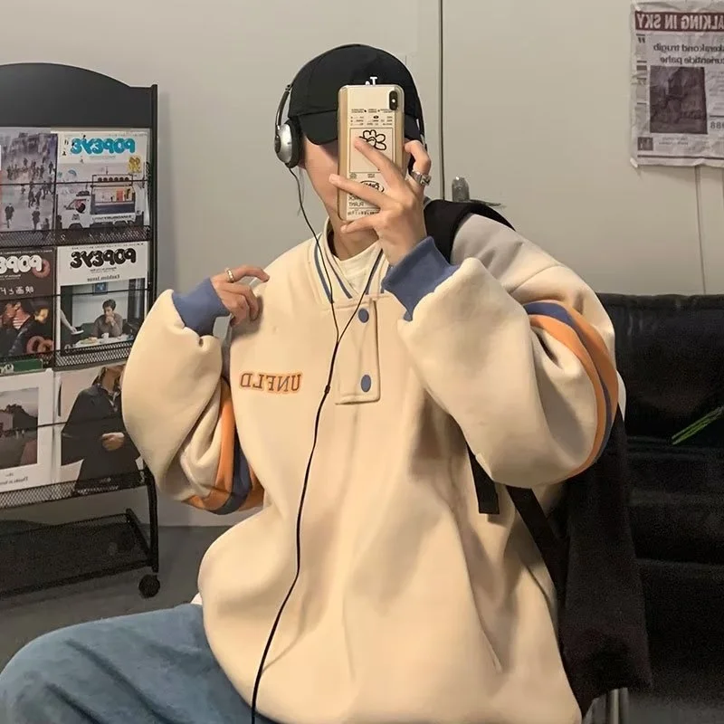 Losvallende herenhoodie V-hals trui 250 pou capaci herfstseizoen casual Amerikaanse sle baseball jas voor studenten