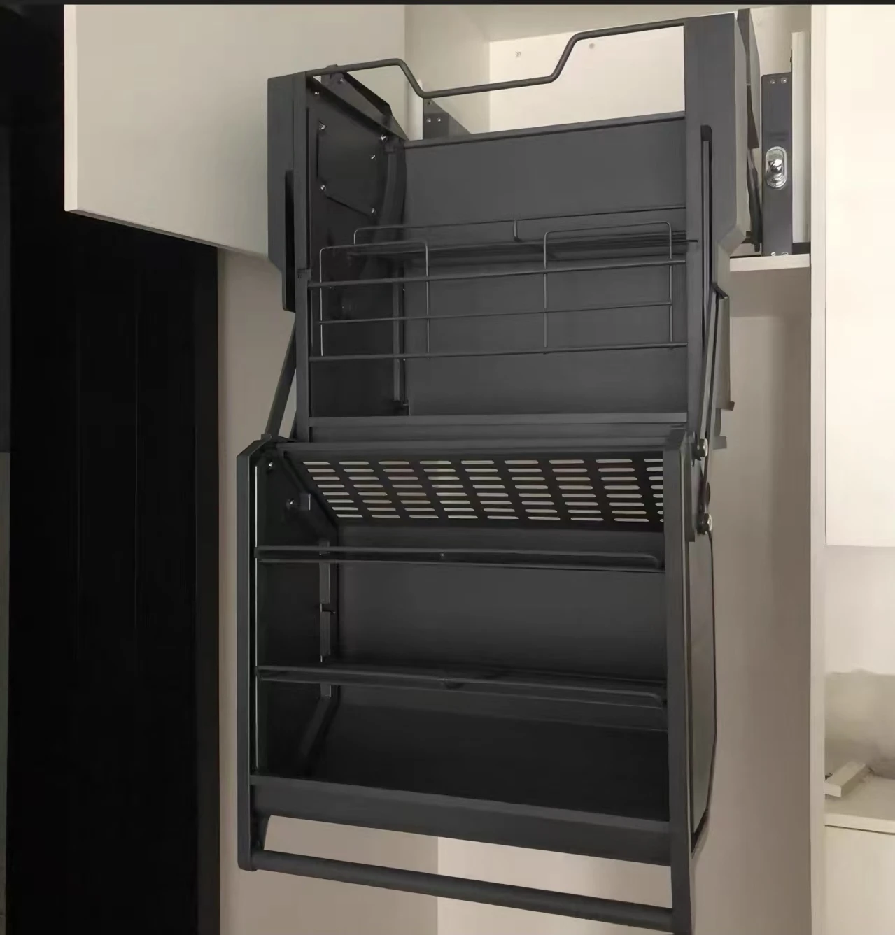 

Multi-Functional Carbon Steel Overhead Cabinet with Lifting Pull-Basket Double Tiers for Food Storage in Kitchen & Living Room