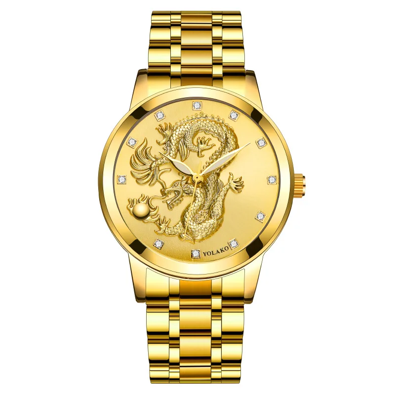 Montre Dragon Style Chinois pour Homme, Non Mécanique, Diamant, Étanche, Ceinture en Acier, Quartz, Or, Fa