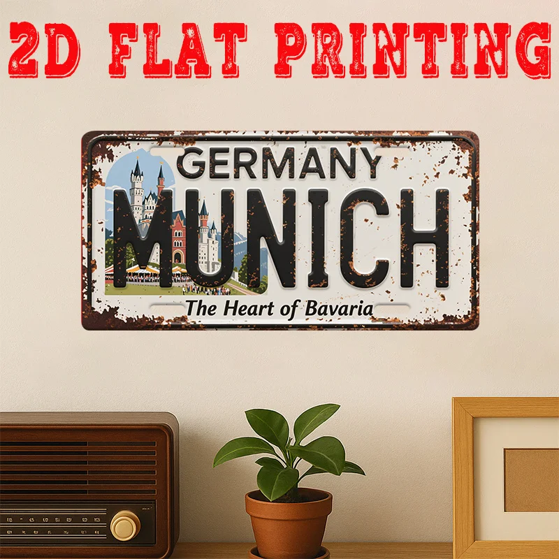 Letrero de metal plano 2D, 1 unidad, vintage, con forma de corazón bávaro de Munich, arte de pared de aluminio con bandera alemana y diseño de paisaje urbano, hogar rústico