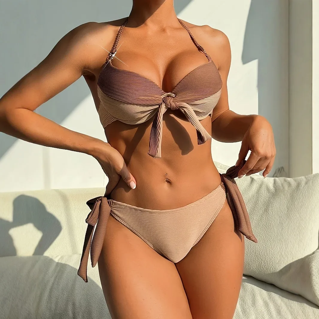 

2025 Luxury Solid Colorblock Strap Bikini Set Women's Sexy Strapless Two Piece Swimwear High End Bathing Suit for Beach Holiday