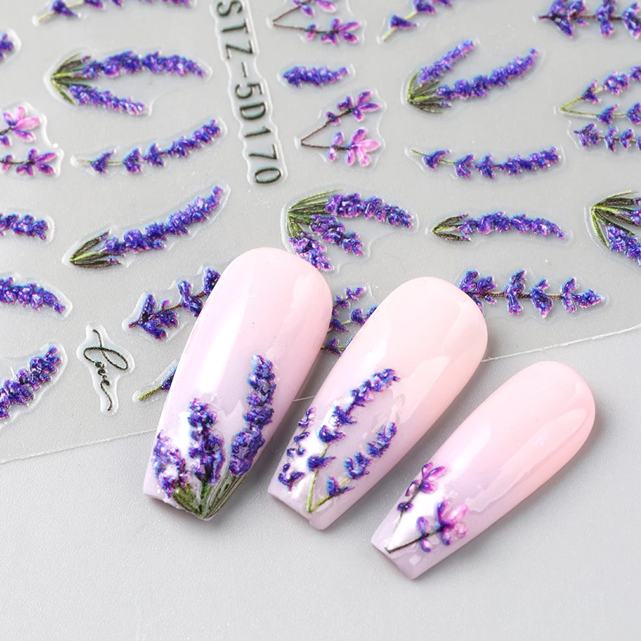 2pcs Purple Lavender Flower Nail Stickers 5D Floral Leaf Ladybug Bee Nail Decals Spring Summer Nail Sliders Nail Art Decorations