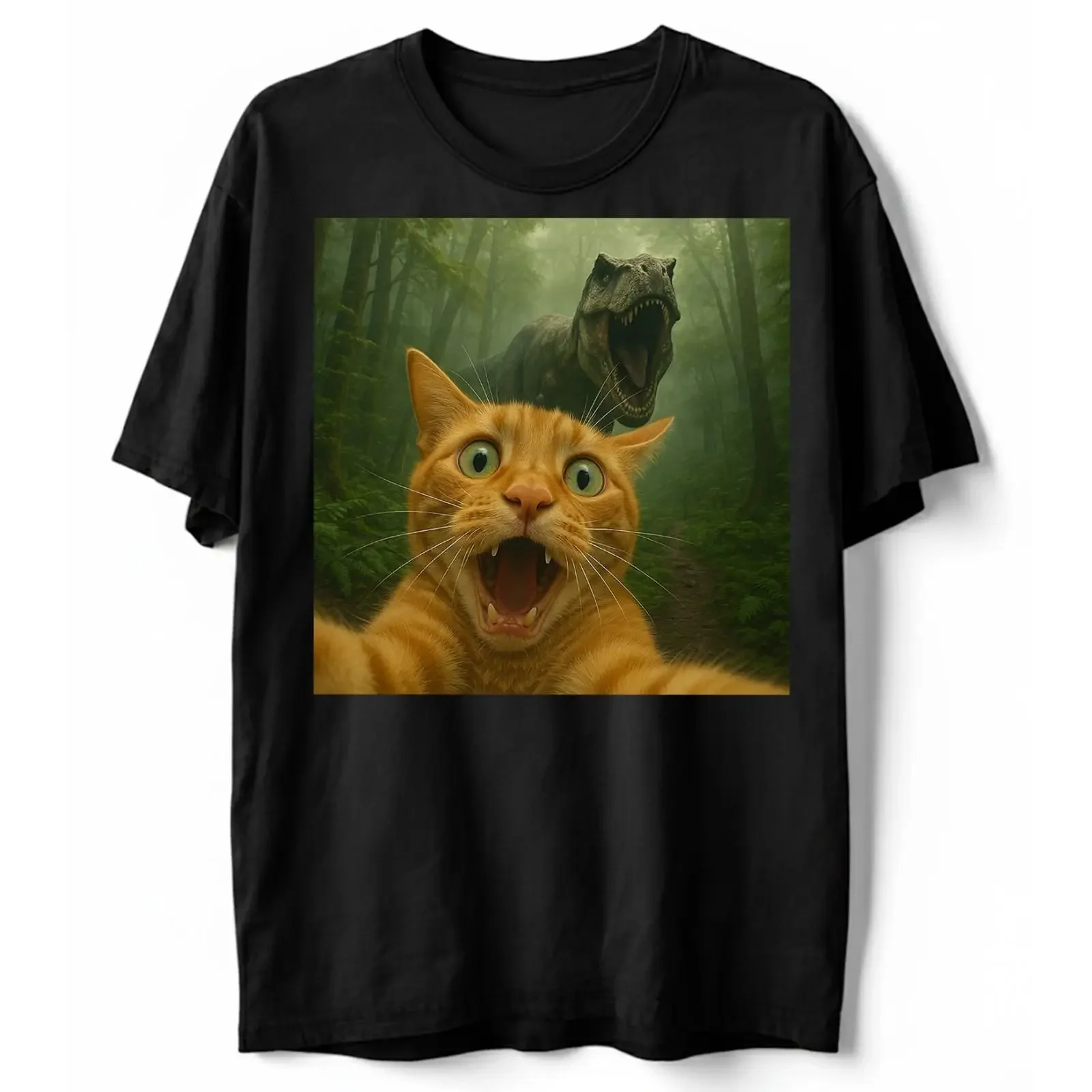 Funny Cat Selfie T Shirt Rex Dinosaur Chase Meme  vintage Washed Comfortable streetwear designer clothes Breathable Versatile